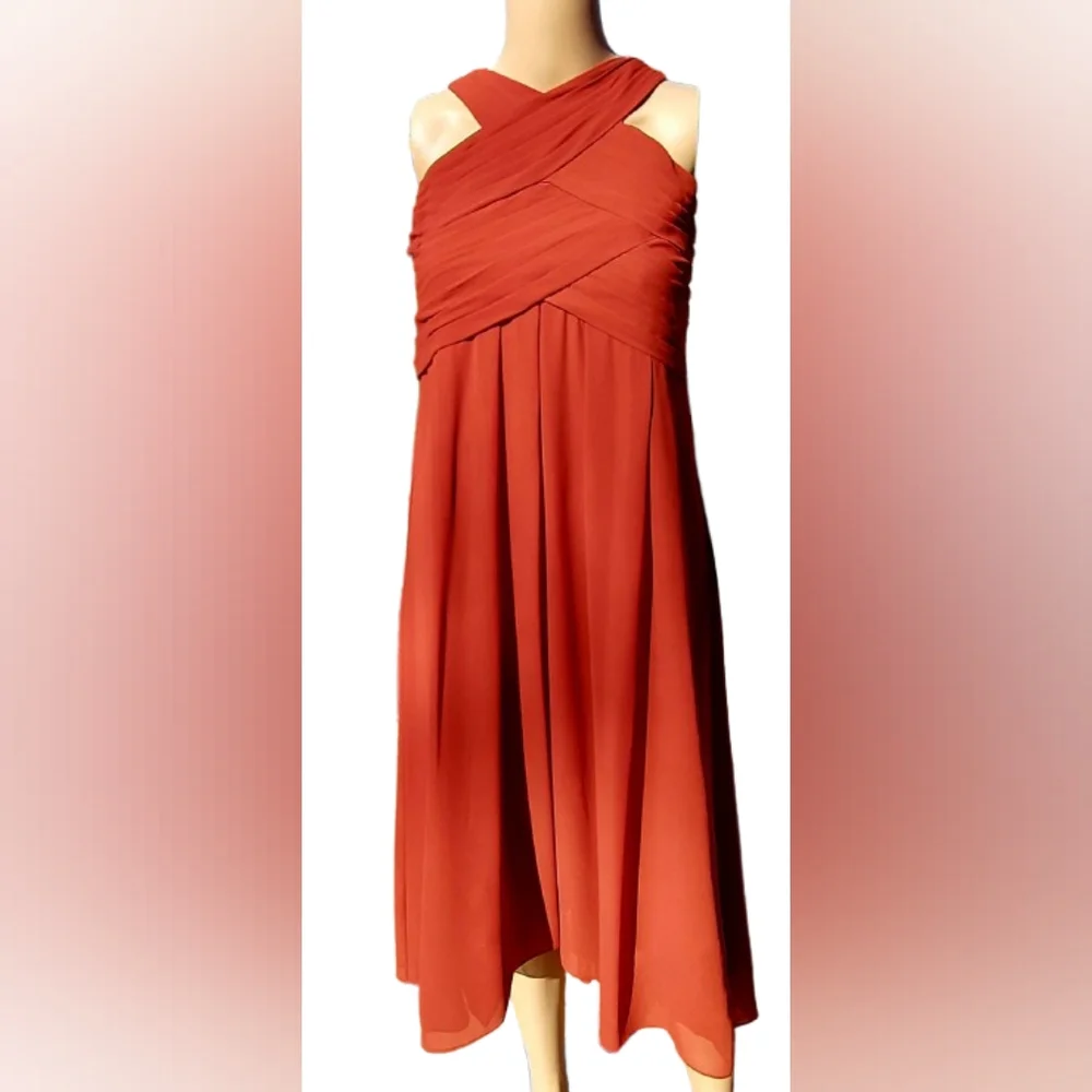 Bill Levkoff 82955 Rust CrissCross Boddice Chiffon Halter Pleated Formal Gown - Picture 2 of 10